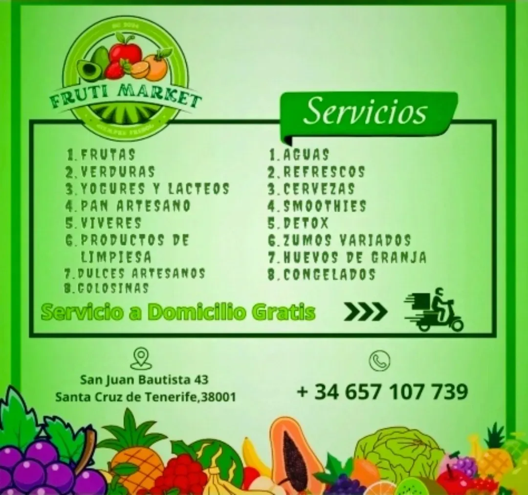 Flyer para Fruti Market, que ofrece frutas, verduras, bebidas y reparto a domicilio en Santa Cruz de Tenerife.