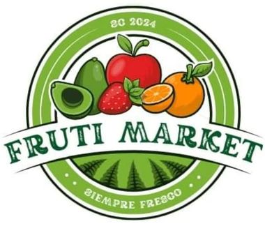 Logotipo para Fruti Market, que presenta frutas como aguacate, manzana, fresa y naranja dentro de un círculo verde con texto.