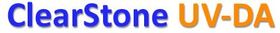 Logotipo de ClearStone UV-DA en azul y naranja.