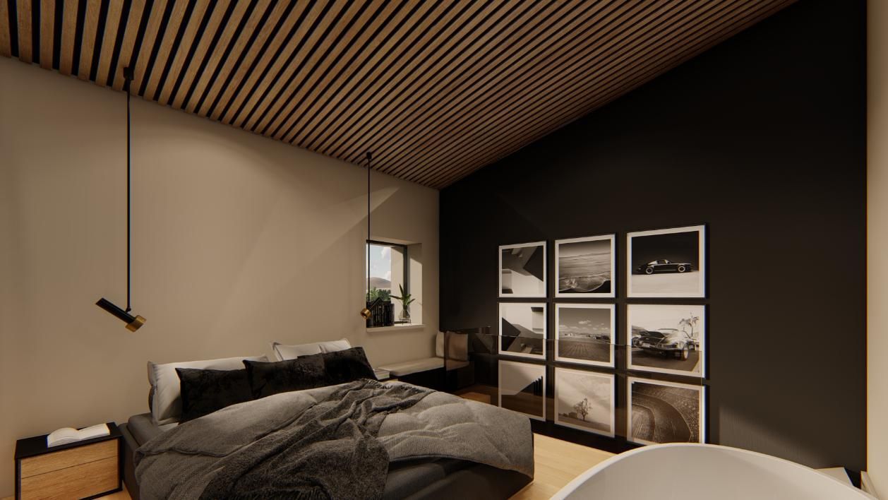 Dormitorio con pared con acento gris oscuro, pared de galería con nueve fotografías enmarcadas, techo de madera y cama.