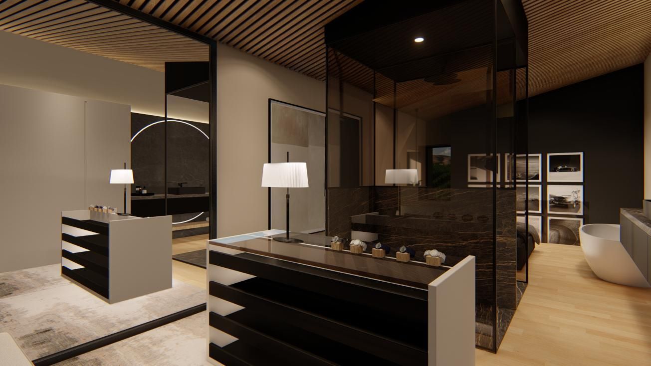 Dormitorio moderno con pared de cristal. Estanterías negras y tonos grises y madera.