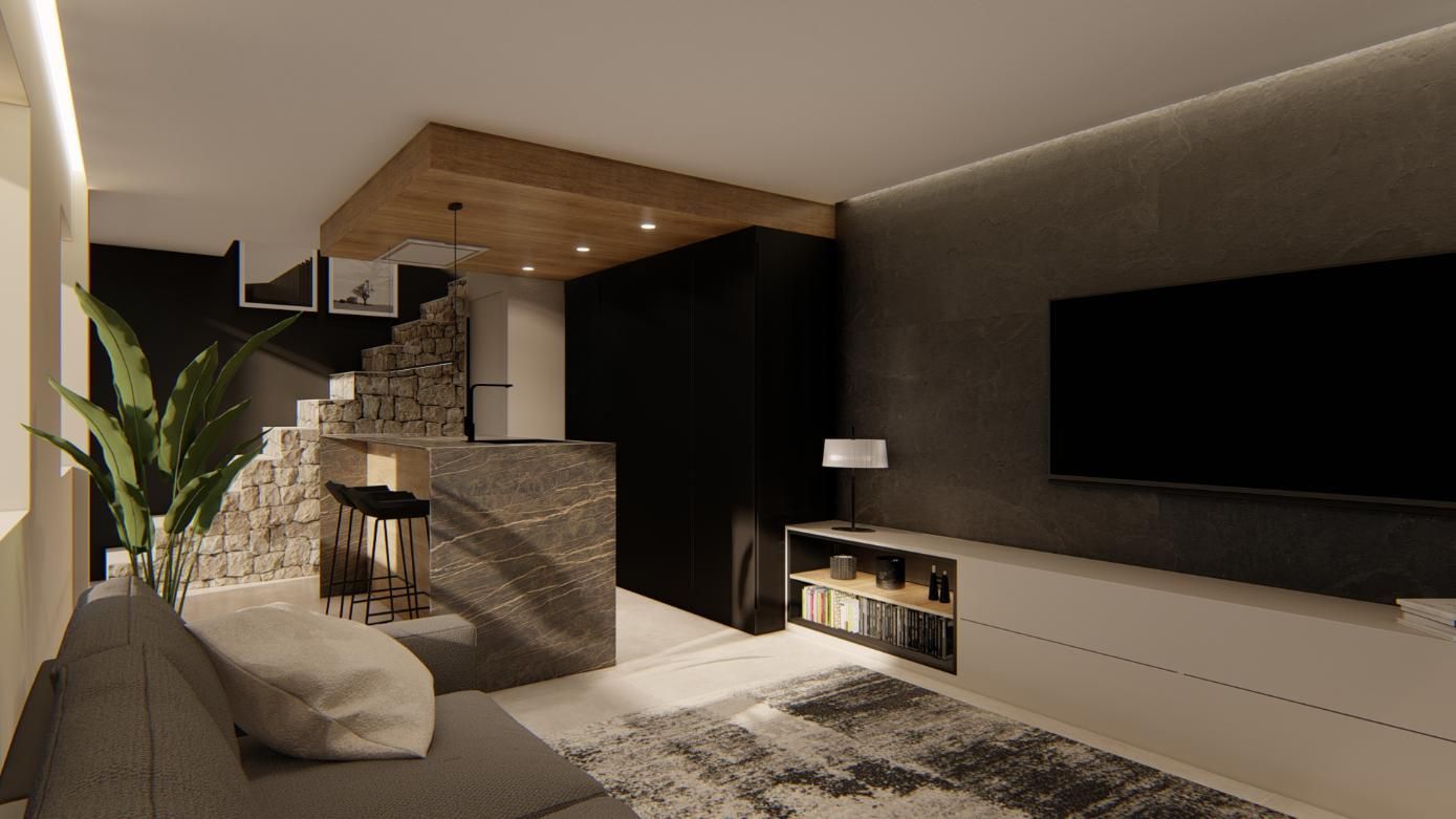 Moderna sala de estar con TV, bar y sofá; detalles en gris oscuro y madera.