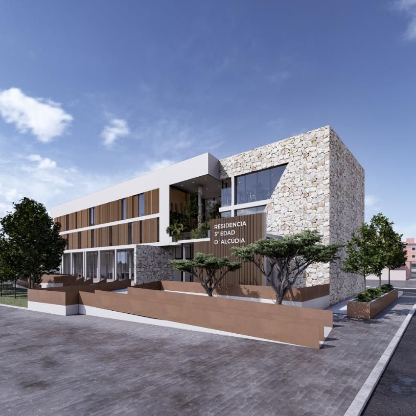 Edificio moderno con fachada de piedra, arbolado y cartel 