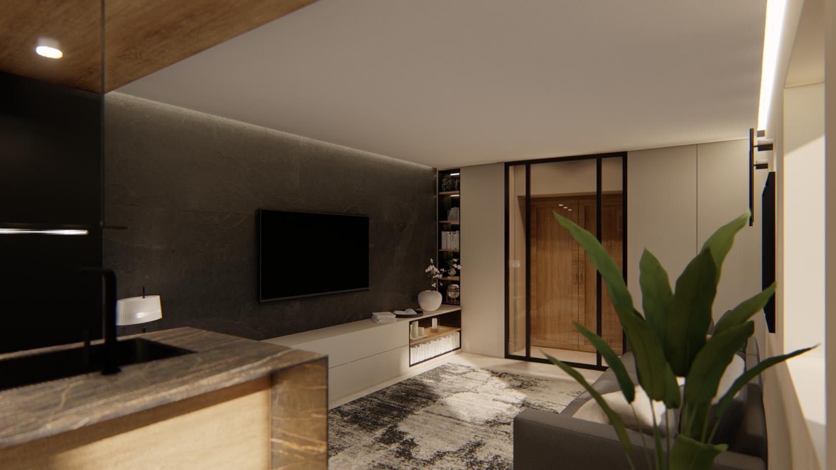 Sala de estar moderna con TV, muebles y una planta en maceta.