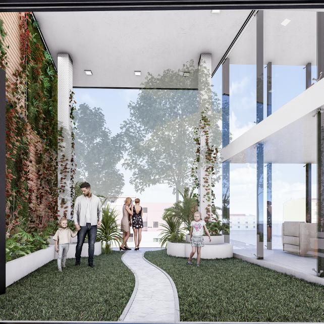 Vista exterior: Personas en un jardín con un sendero sinuoso. Muro verde con vegetación, paredes de cristal 