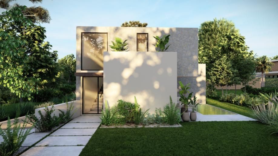 Moderna casa de hormigón con grandes ventanales y exuberante vegetación.