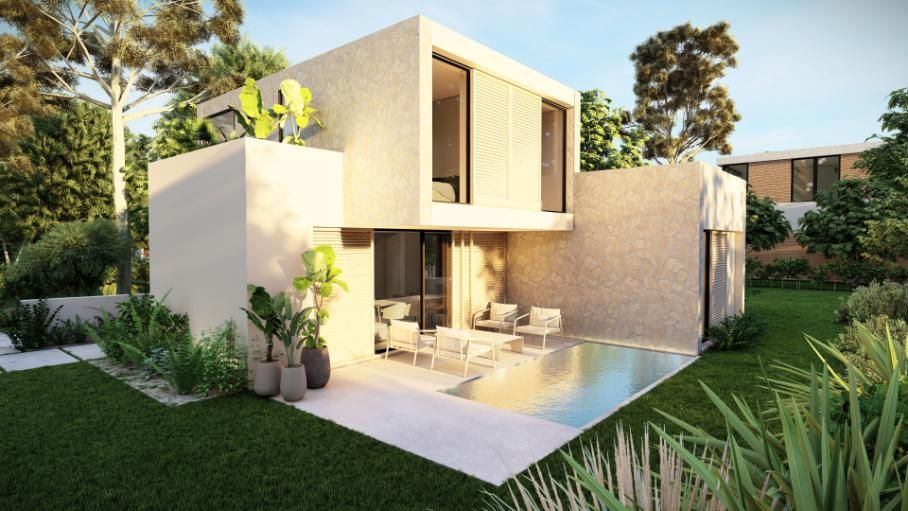 Casa moderna de dos plantas con una pequeña piscina. Exterior beige, puertas de cristal, muebles de patio sobre hormigón. 