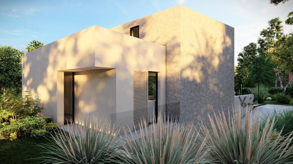 Casa moderna, de estuco, con grandes ventanales y un pequeño alero, rodeada de vegetación y árboles.