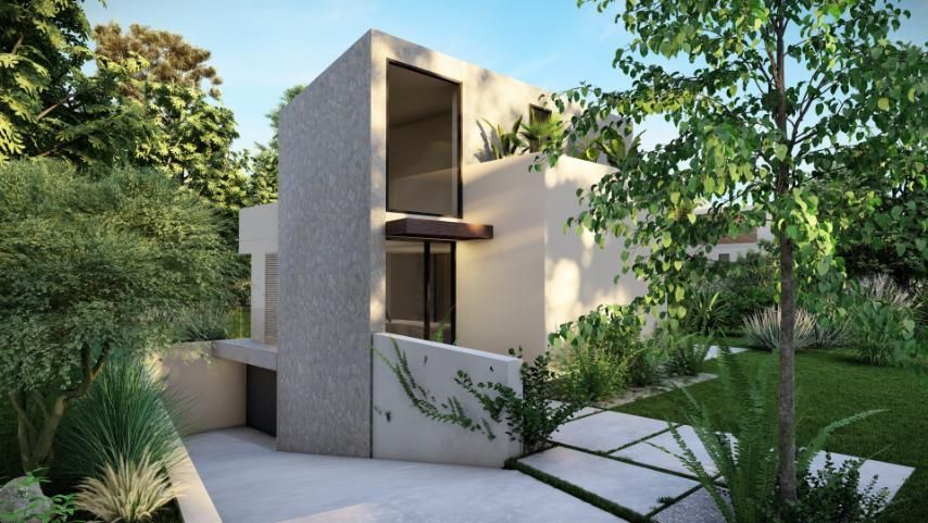 Moderna casa blanca con grandes ventanales, rodeada de exuberantes árboles verdes y un camino de concreto.