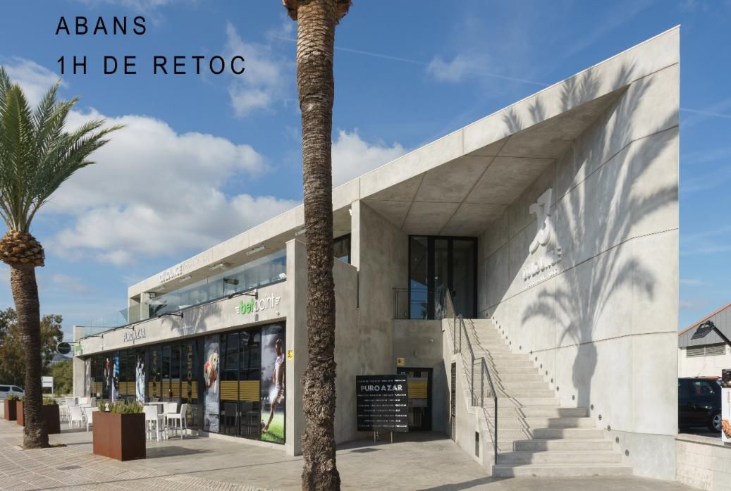 Edificio moderno de hormigón con tejado inclinado, palmeras y escaleras.