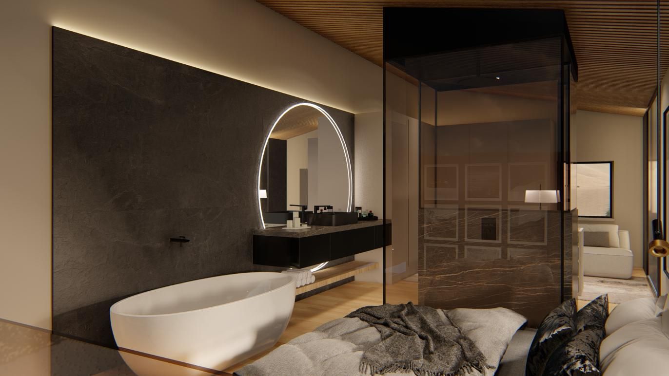 Baño moderno con bañera, tocador y ducha de cristal, con paredes de color gris oscuro, techo y suelo de madera.