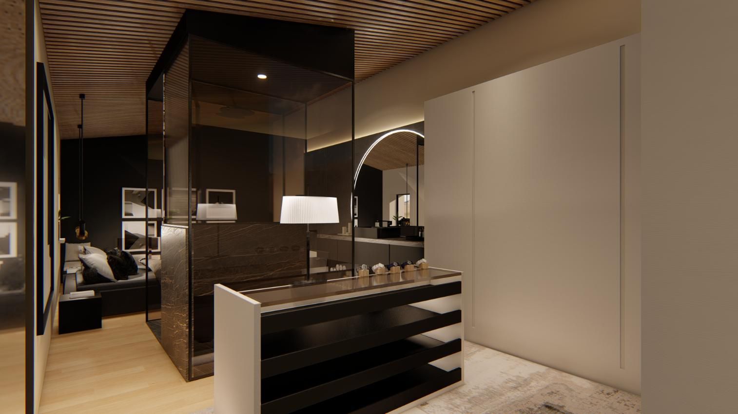 Vestidor de lujo con estantes oscuros, paredes espejadas y una alfombra de color claro.