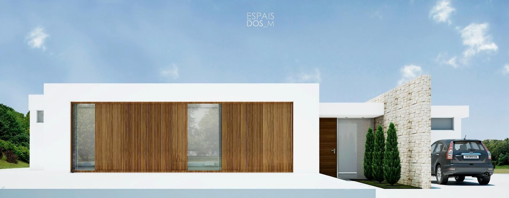 Casa blanca moderna con paneles de madera, pared de piedra y coche aparcado en un día luminoso.