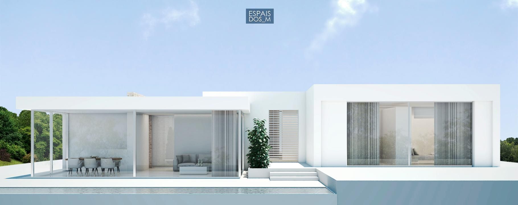 Moderna casa blanca con puertas de cristal y piscina, bajo un cielo azul.