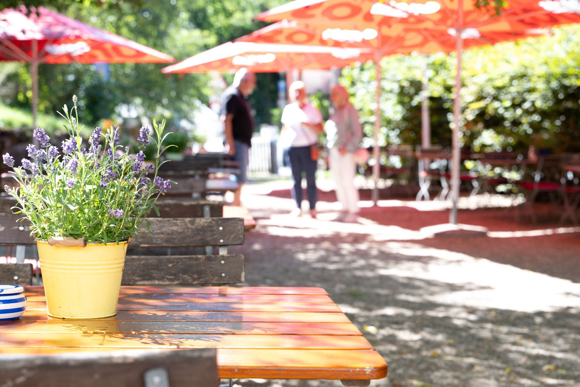 Szene in einem Café im Freien mit einem Blumentopf auf einem Tisch, verschwommenen Gestalten und roten Sonnenschirmen.