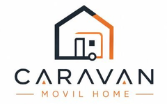 Logotipo de CARAVAN MOVIL HOME con el contorno de una casa y un icono de caravana en gris oscuro y naranja.
