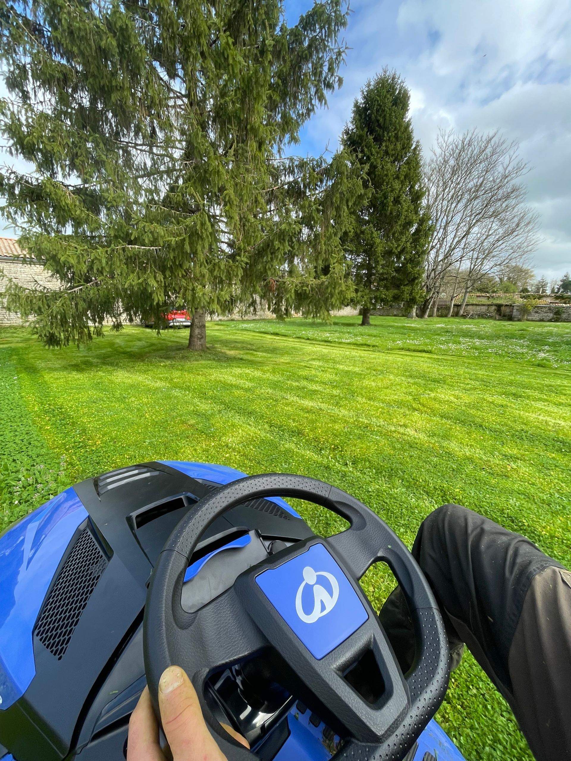Vue subjective d'une tondeuse autoportée sur une pelouse verte et ensoleillée avec des arbres en arrière-plan
