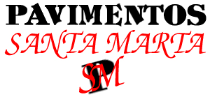 Logotipo: &ldquo;PAVIMENTOS&rdquo; en negro, &ldquo;SANTA MARTA&rdquo; en rojo, con &ldquo;SM&rdquo; superpuesto en rojo.