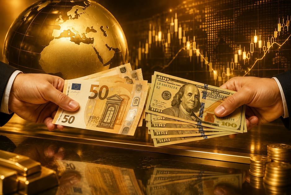 Manos intercambiando billetes de euro y dólar estadounidense sobre un fondo de gráfico financiero dorado.