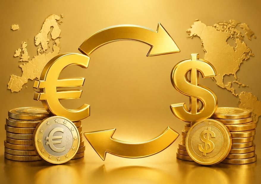 Símbolos de cambio de divisas de oro con signos de euro y dólar y flechas circulares sobre un fondo dorado.