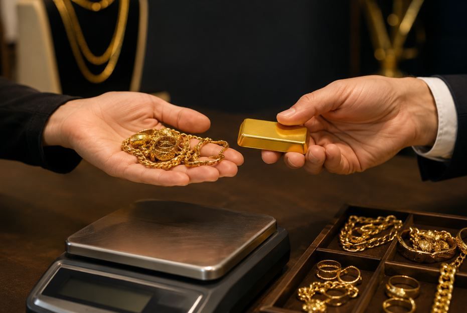 Manos intercambiando monedas de oro y una barra de oro sobre una balanza y una bandeja para joyas.