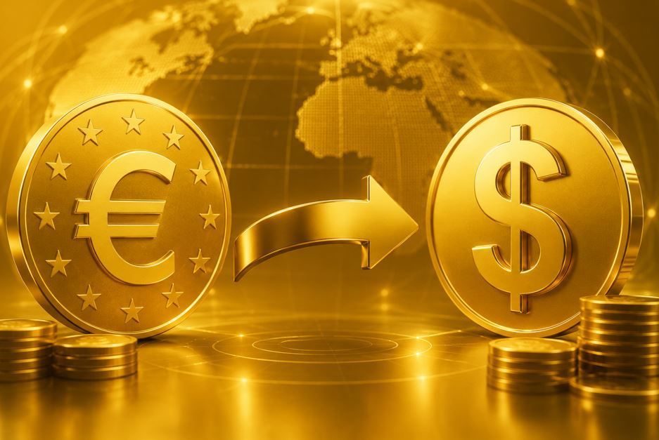 Moneda de euro y moneda de dólar doradas con una flecha entre ellas sobre un fondo de mapamundi.