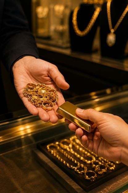 Manos intercambiando joyas y lingotes de oro en un mostrador de joyería, con collares de oro expuestos al fondo.