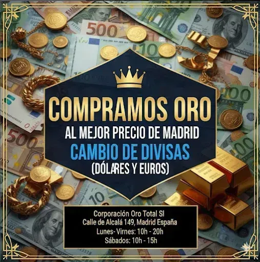 Anuncio dorado de compra de oro y cambio de divisas sobre billetes y monedas de euro y dólar.