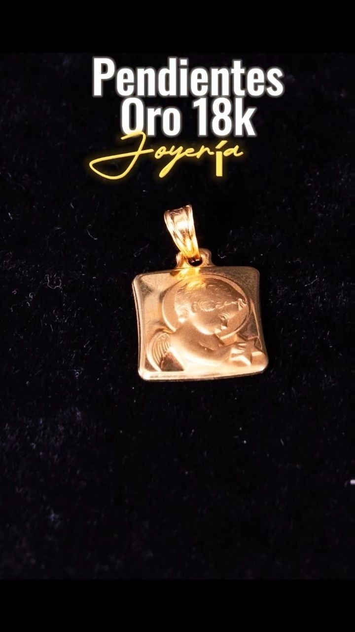 Colgante de oro de 18k sobre fondo negro con el texto “Pendientes Oro 18k” en la parte superior.