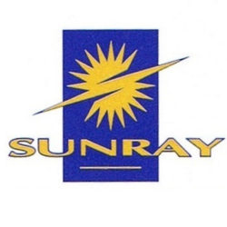 El logotipo de Sunray presenta un sol amarillo estilizado sobre un rectángulo azul vertical .