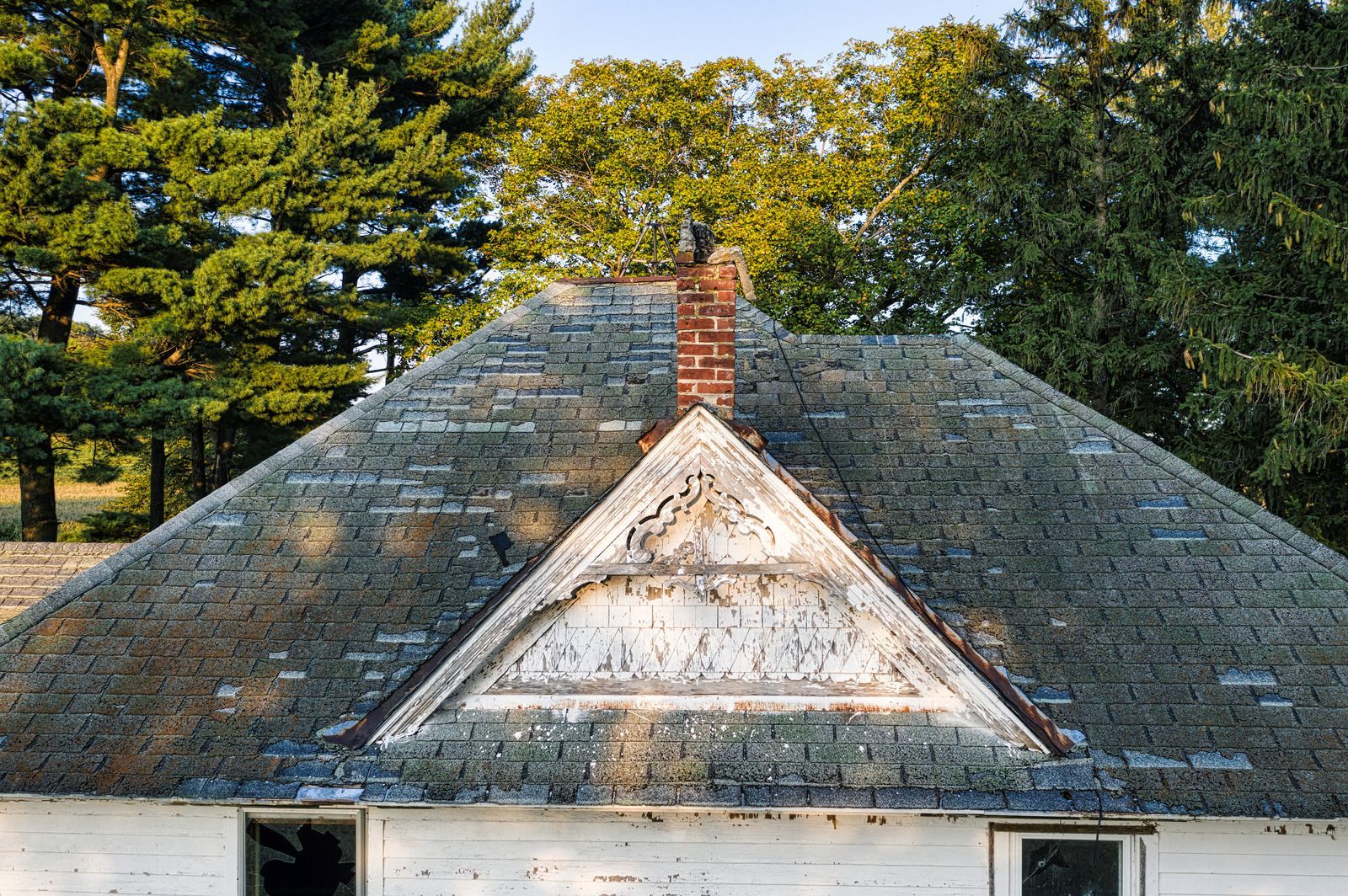 Shingled rooftop with central brick chimney and white gable, framed by trees in daylight