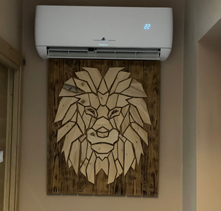 Climatiseur au-dessus d'une tête de lion en bois accrochée au mur. Le thermostat affiche 22 degrés.