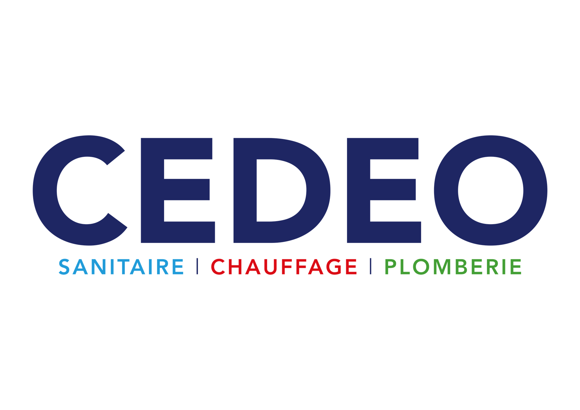 Logo CEDEO avec texte bleu marine et sous-texte "SANITAIRE | CHAUFFAGE | PLOMBERIE" en bleu sarcelle et vert.