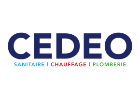Logo CEDEO avec texte bleu marine et sous-texte "SANITAIRE | CHAUFFAGE | PLOMBERIE" en bleu sarcelle et vert.