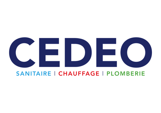Logo CEDEO avec texte bleu marine et sous-texte "SANITAIRE | CHAUFFAGE | PLOMBERIE" en bleu sarcelle et vert.