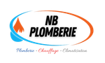 Logo pour NB Plomberie : texte dans un ovale bleu/orange, goutte d'eau, mots en dessous .