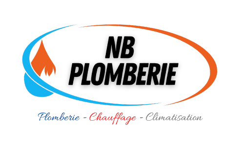 Logo pour NB Plomberie : texte dans un ovale bleu/orange, goutte d'eau, mots en dessous .