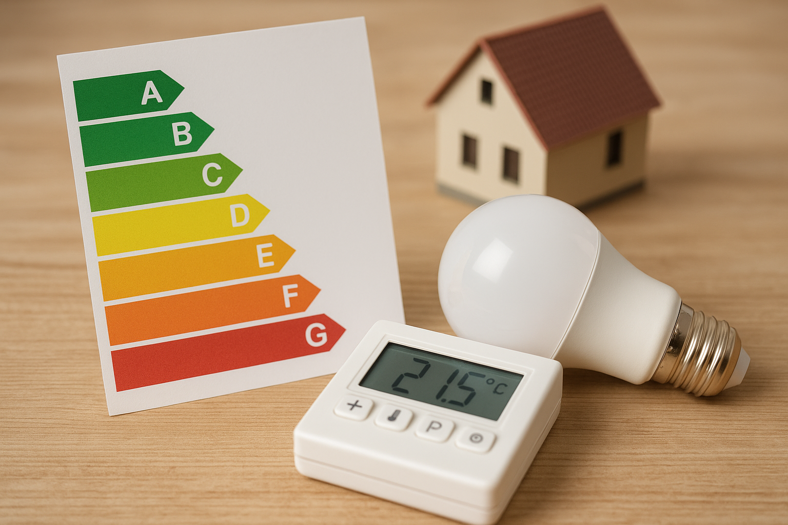Graphique sur l'efficacité énergétique avec un modèle de maison, une ampoule et un thermostat sur une surface en bois.