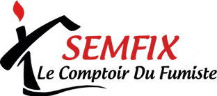 Logo: black chimney/house, red flame, red "SEMFIX," "Le Comptoir Du Fumiste" text.
