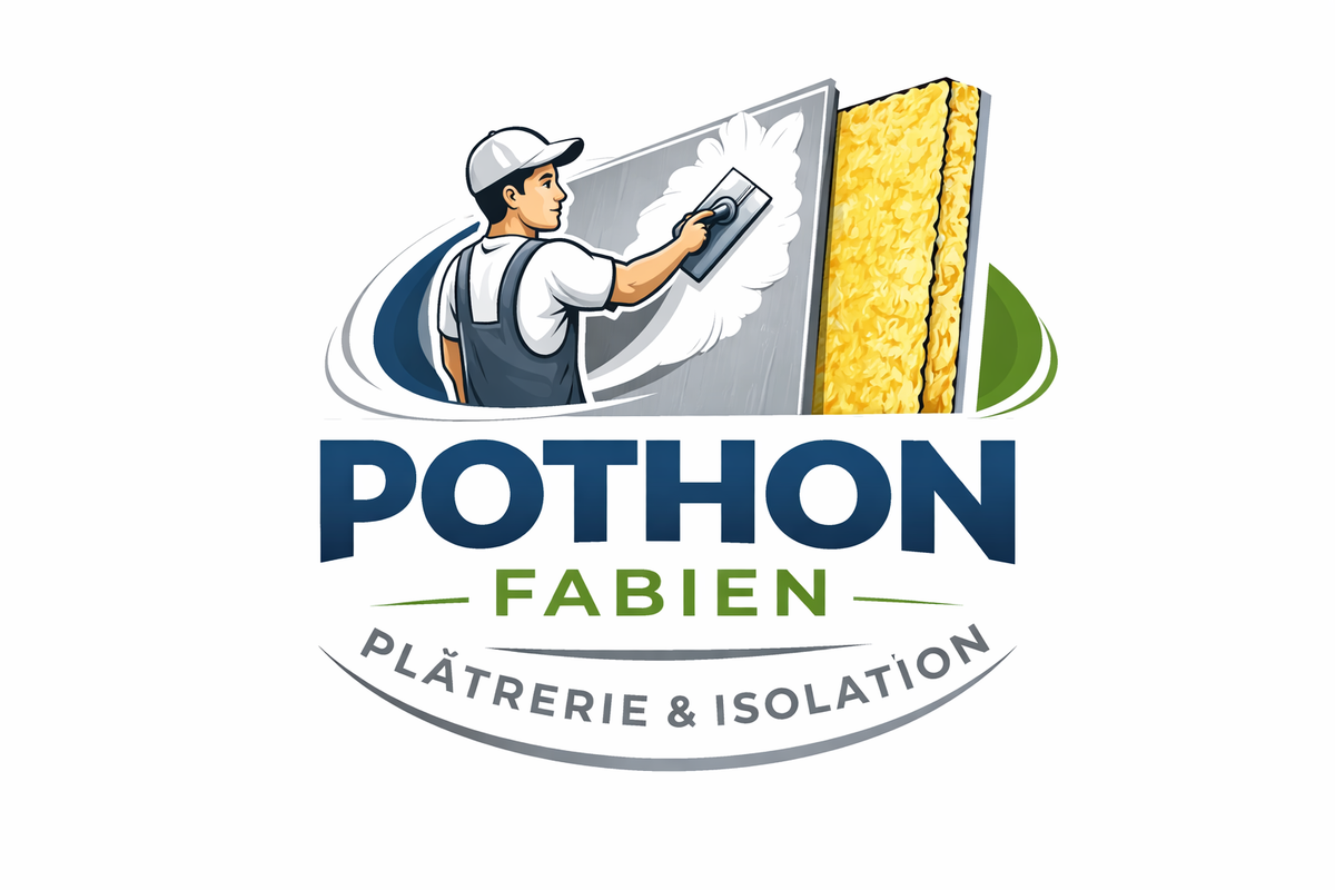 Lien vers la page d'Accueil Logo de « Pothon Fabien », entreprise de plâtrerie et d'isolation ; un ouvrier appliquant du plâtre.