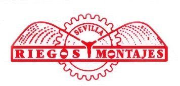 A red and white logo for riegos montajes
