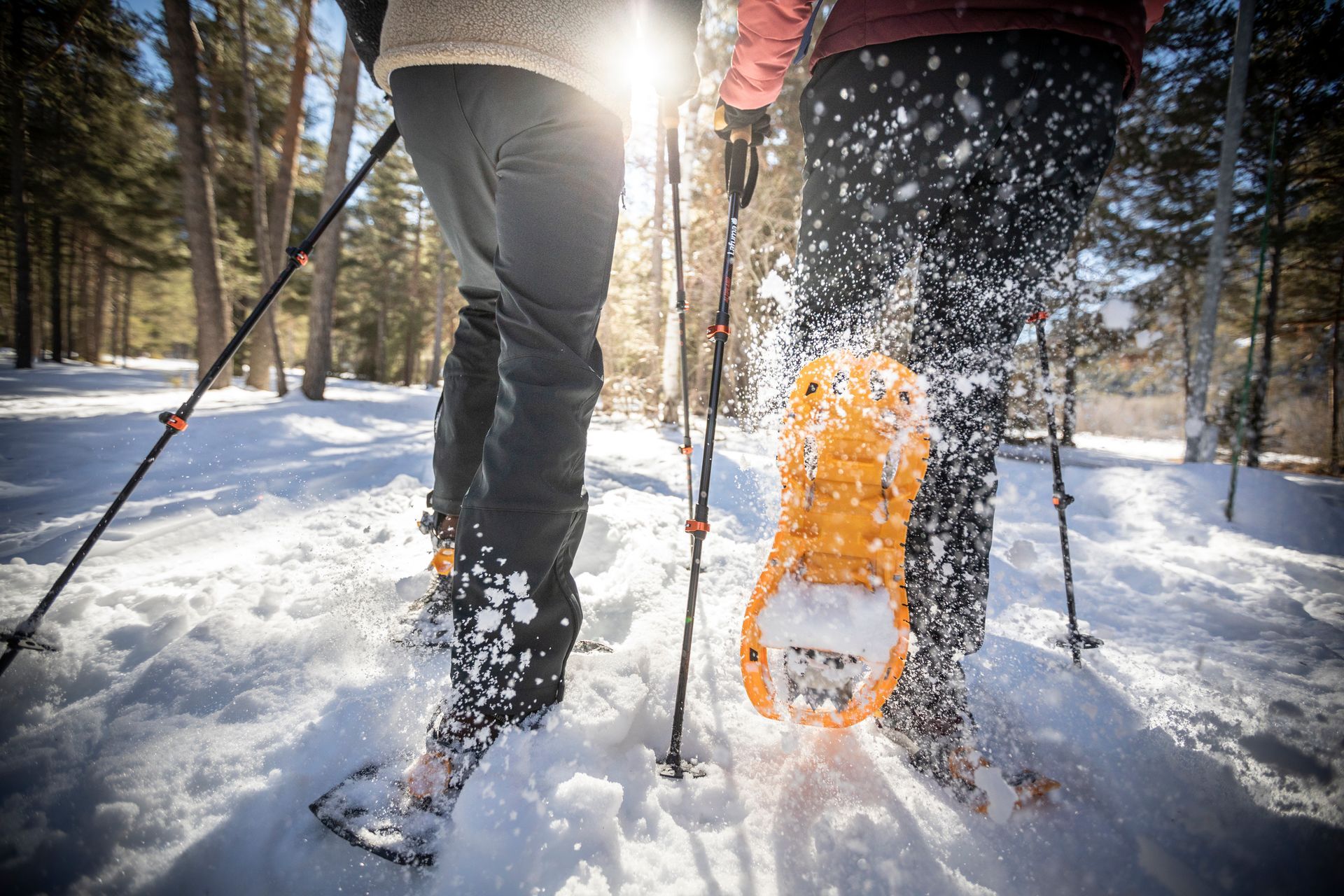 Deux personnes marchant dans la neige avec des raquettes aux pieds