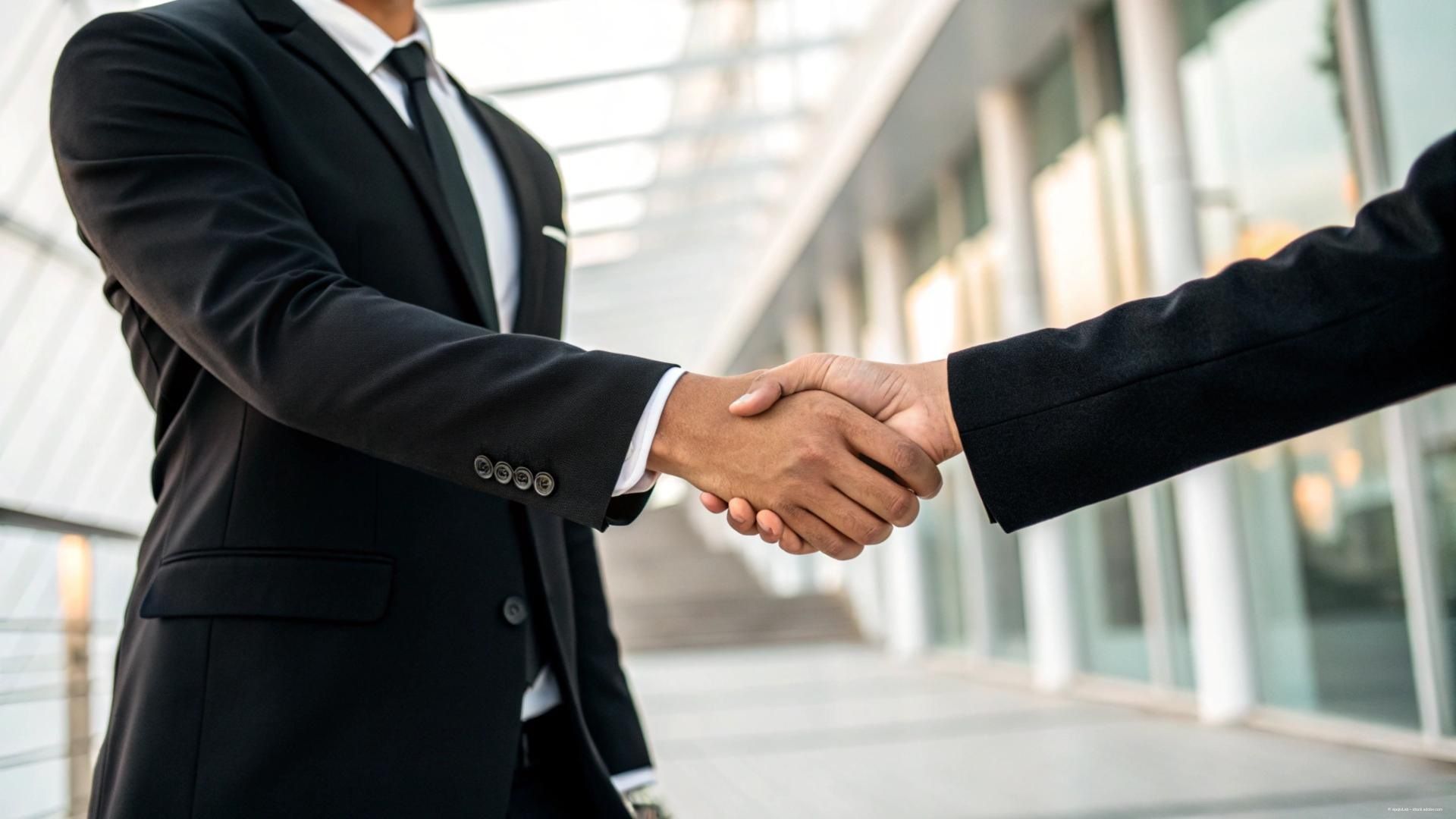 Zwei Menschen in Anzüge schütteln sich die Hände