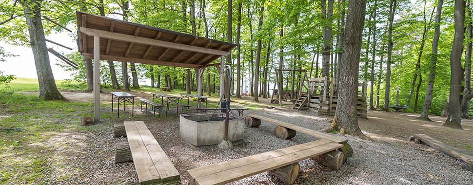 Picknickplatz im Wald mit Unterstand und Bänken.