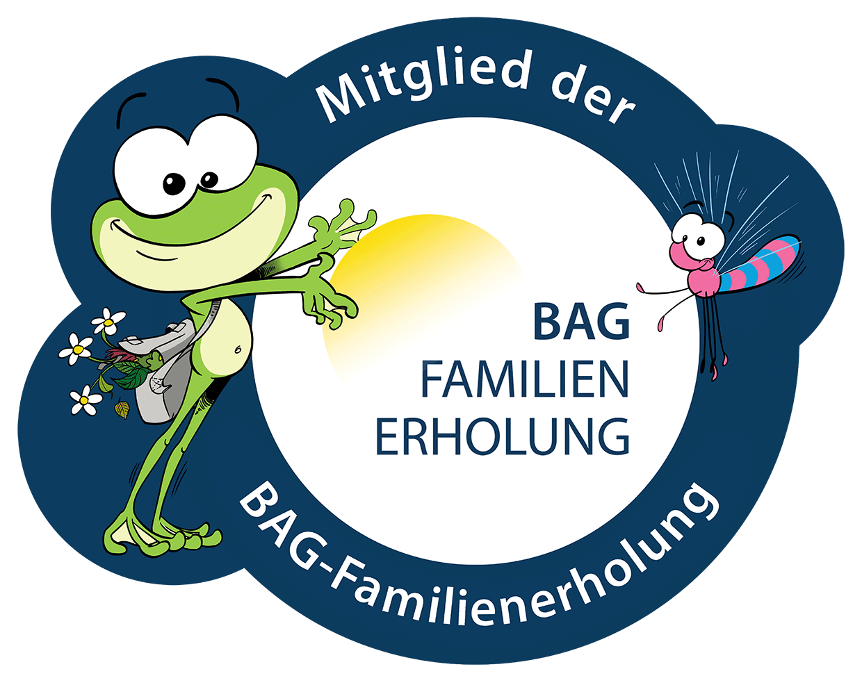 Logo: grüner Frosch mit Rucksack, blauer Hintergrund, Text 
