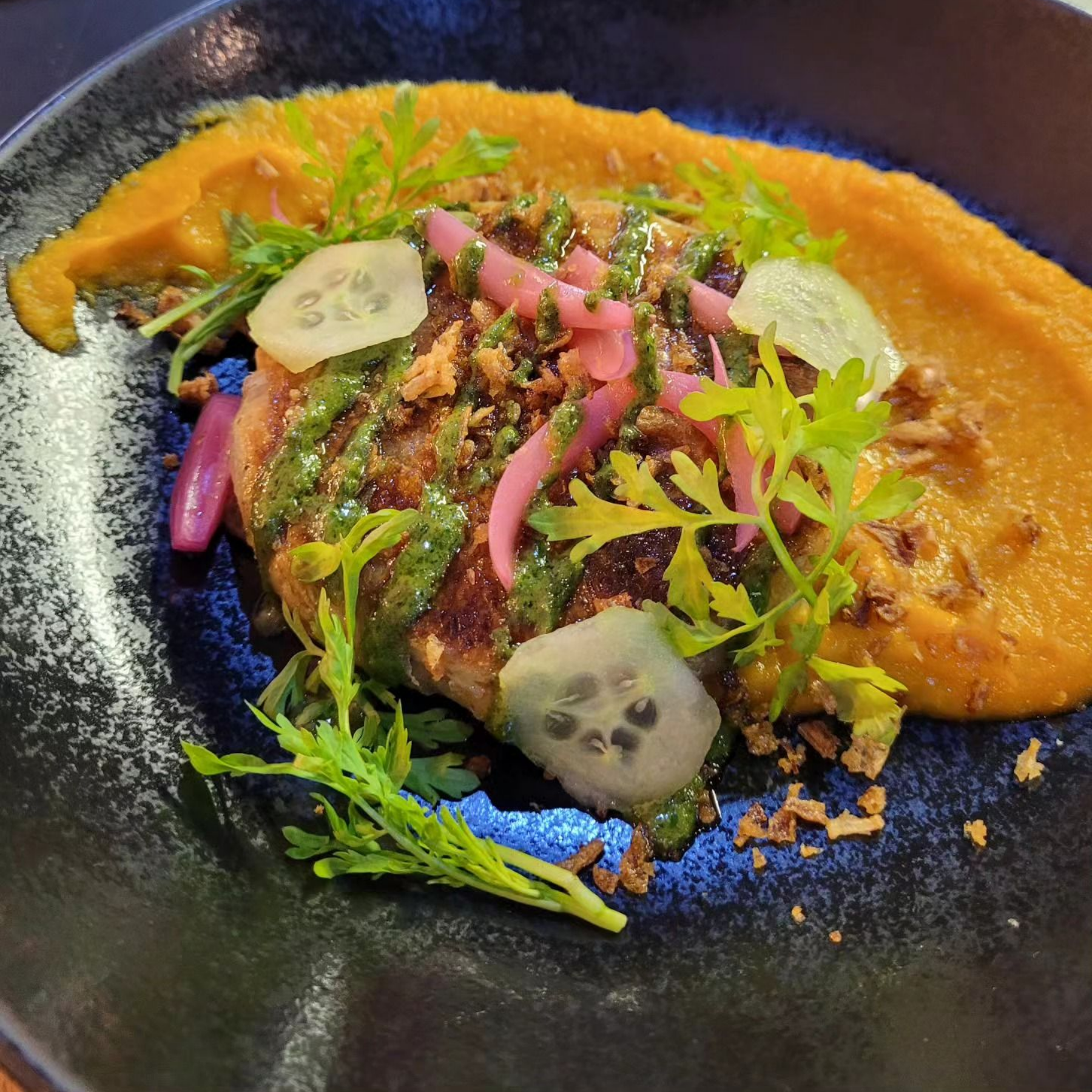 Assiette : galette de saumon avec purée de carottes, oignons marinés, tranches de concombre et garniture d'herbes aromatiques.