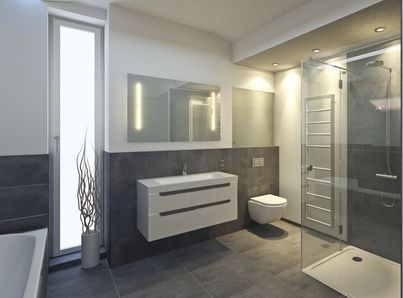 Modernes Badezimmer mit schwebendem Waschtisch, Glasdusche, Toilette und großen Spiegeln. Farbschema in Grau und Weiß.