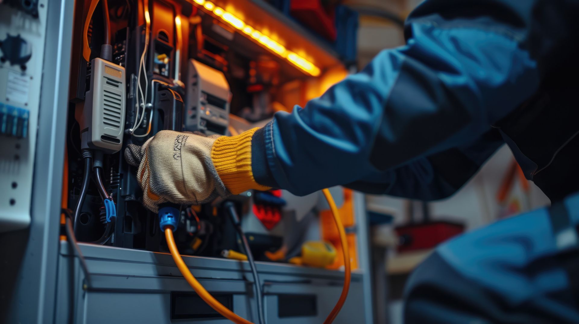 Electricista con guantes trabaja en un panel eléctrico, con cables y alambres de color naranja y azul.