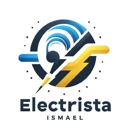 Logotipo para "Electrista Ismael": rayo azul y amarillo, líneas curvas, círculo azul oscuro.