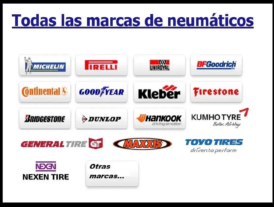 Una lista de varias marcas de neumáticos en español